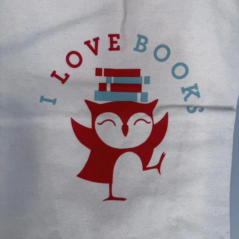 I Love Books Owl Tote Bag Red Owl Top Hat Tan Cotton Tapered Shopper 18x15 EUC-